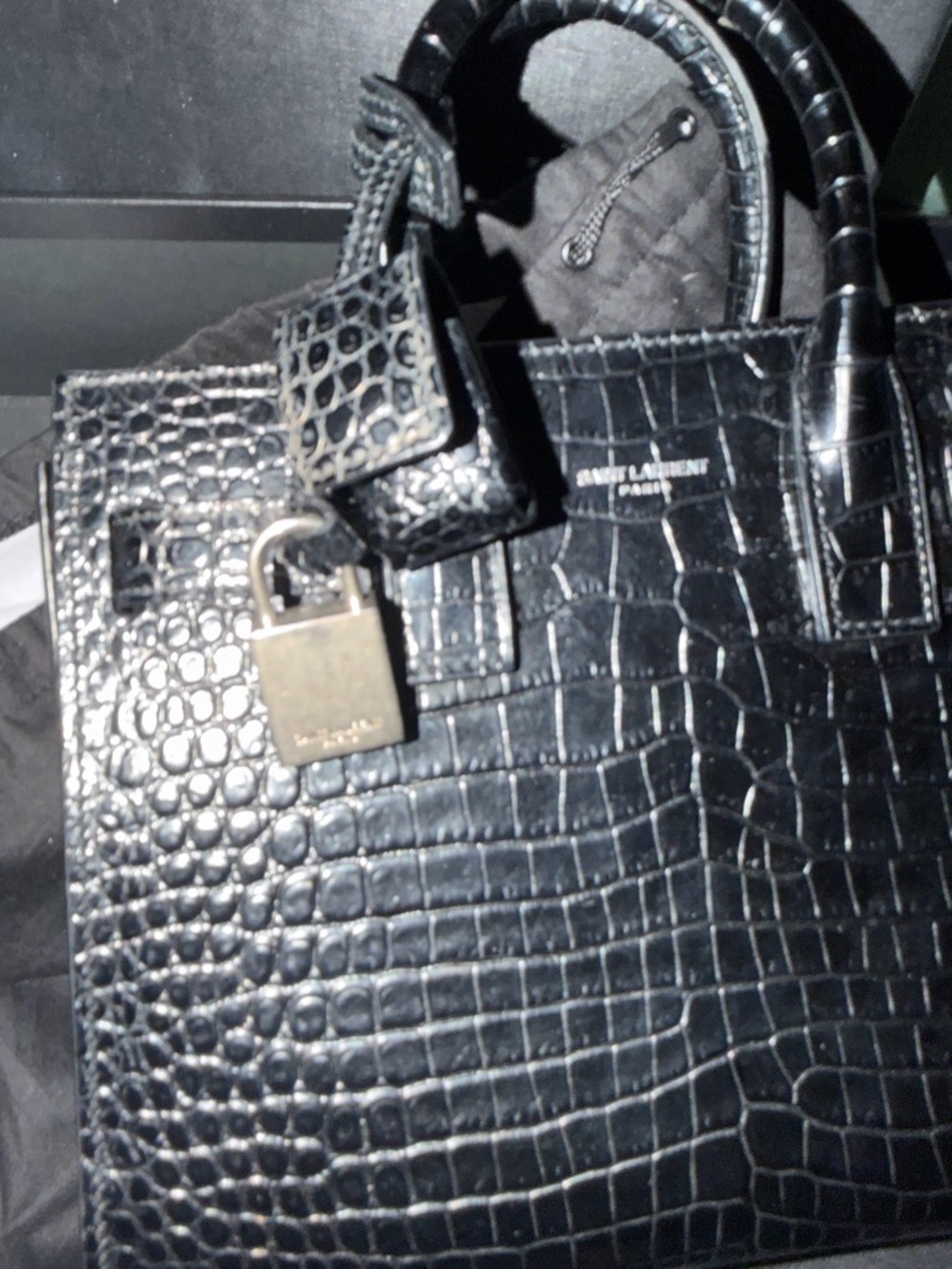 Authentic Saint Laurent Black Croc-Embossed Leather Top Handle Satchel - Picture 5 of 14